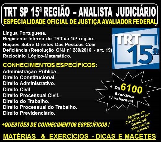 Apostila TRT SP 15ª Região - ANALISTA JUDICIÁRIO - Área OFICIAL de JUSTIÇA AVALIADOR FEDERAL - Teoria + 6.100 Exercícios - Concurso 2018
