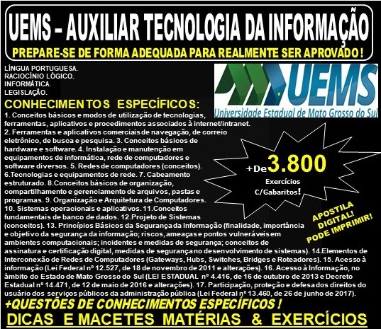 Apostila UEMS - AUXILIAR TECNOLOGIA da INFORMAÇÃO - Teoria + 3.800 Exercícios - Concurso 2019