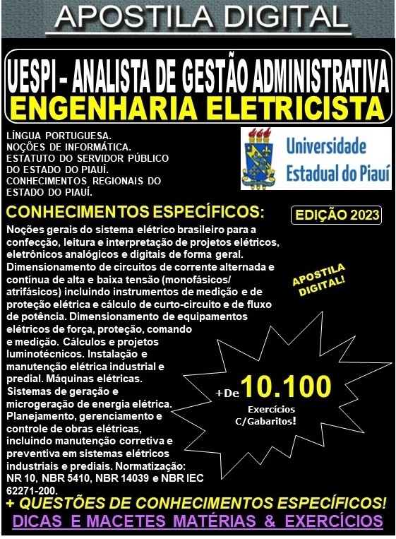Apostila UESPI - Analista de Gestão Administrativa - ENGENHARIA ELETRICISTA -  Teoria +10.100 Exercícios - Concurso 2023