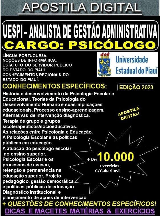 Apostila UESPI - Analista de Gestão Administrativa - PSICÓLOGO - Teoria +10.000 Exercícios - Concurso 2023