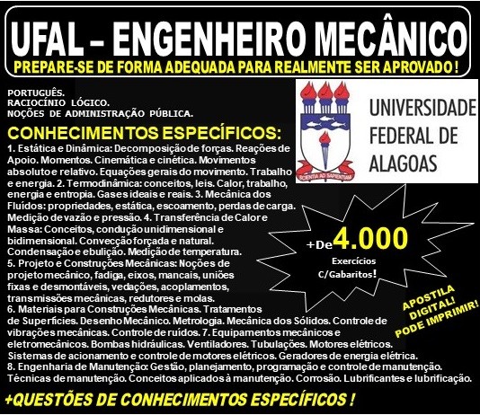 Apostila UFAL - ENGENHEIRO MECÂNICO - Teoria + 4.000 Exercícios - Concurso 2019