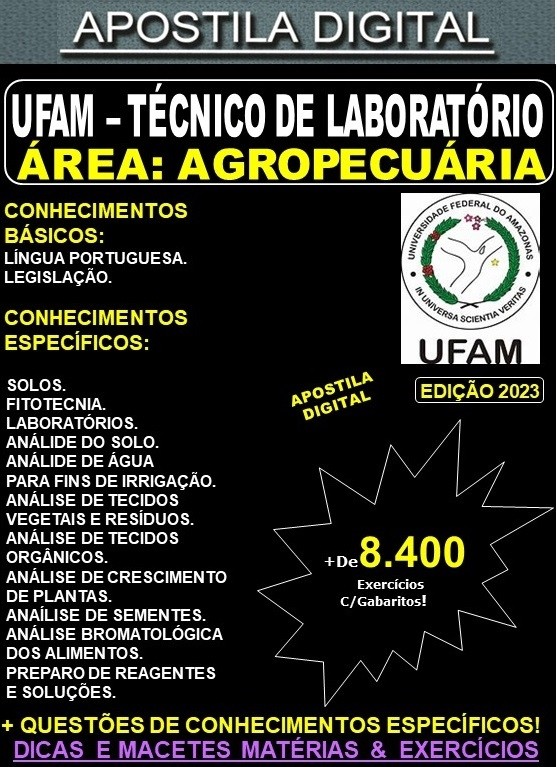 Apostila UFAM - Técnico de Laboratório - AGROPECUÁRIA - Teoria + 8.400 Exercícios - Concurso 2023