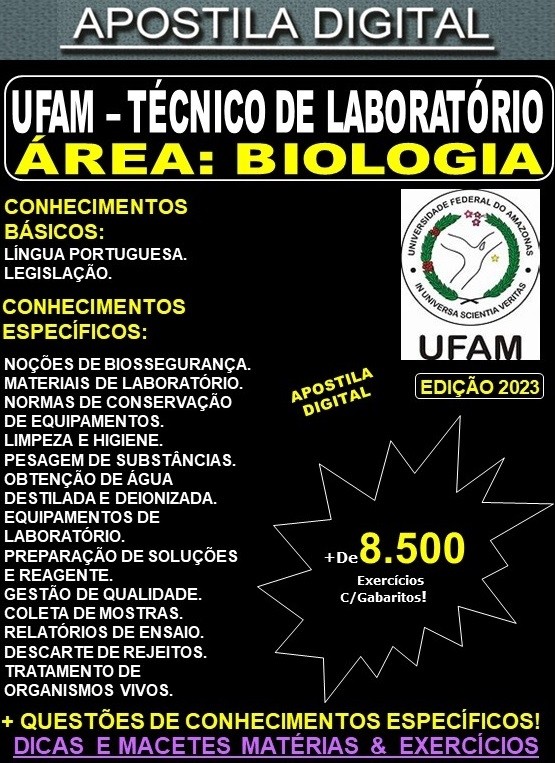 Apostila UFAM - TÉCNICO de LABORATÓRIO - BIOLOGIA - Teoria + 8.500 Exercícios - Concurso 2023