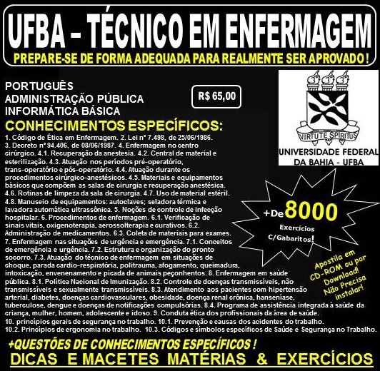 Apostila UFBA - TÉCNICO em ENFERMAGEM - Teoria + 8.000 Exercícios - Concurso 2022