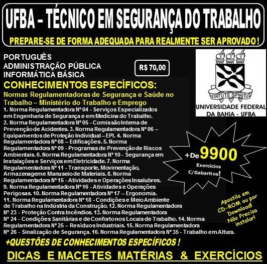 Apostila UFBA - TÉCNICO em SEGURANÇA do TRABALHO - Teoria + 9.900 Exercícios - Concurso 2017
