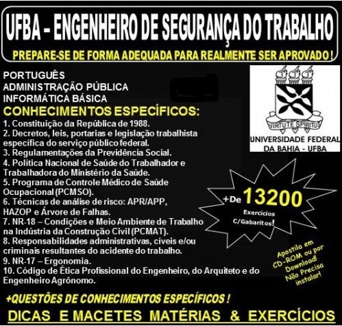 Apostila UFBA - ENGENHEIRO de SEGURANÇA do TRABALHO - Teoria + 13.200 Exercícios - Concurso 2017