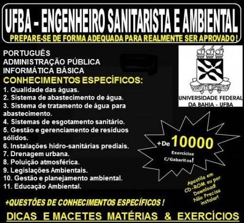 Apostila UFBA - ENGENHEIRO SANITARISTA AMBIENTAL - Teoria + 10.000 Exercícios - Concurso 2022