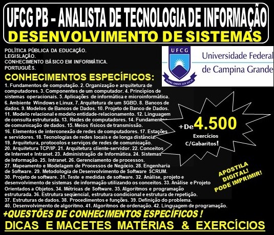 Apostila UFCG PB - ANALISTA de TECNOLOGIA da INFORMAÇÃO - DESENVOLVIMENTO de SISTEMAS - Teoria + 4.500 Exercícios - Concurso 2019