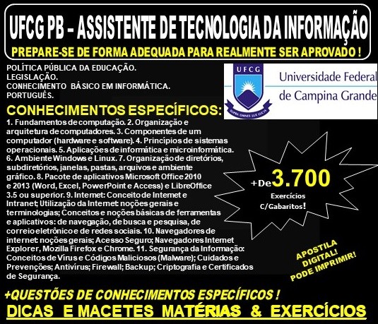 Apostila UFCG PB - ASSISTENTE de TECNOLOGIA da INFORMAÇÃO - Teoria + 3.700 Exercícios - Concurso 2019