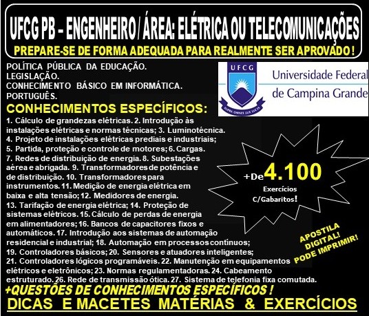 Apostila UFCG PB - ENGENHEIRO / Area: ELETRÍCA ou TELECOMUNICAÇÕES - Teoria + 4.100 Exercícios - Concurso 2019