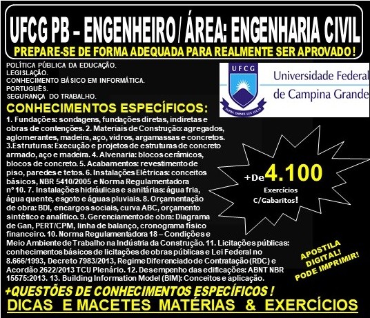 Apostila UFCG PB - ENGENHEIRO / Área: ENGENHARIA CIVIL - Teoria + 4.100 Exercícios - Concurso 2019