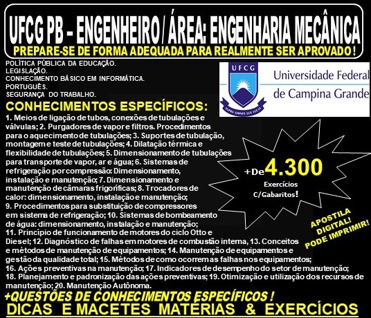 Apostila UFCG PB - ENGENHEIRO / Área: ENGENHARIA MECÂNICA - Teoria + 4.300 Exercícios - Concurso 2019