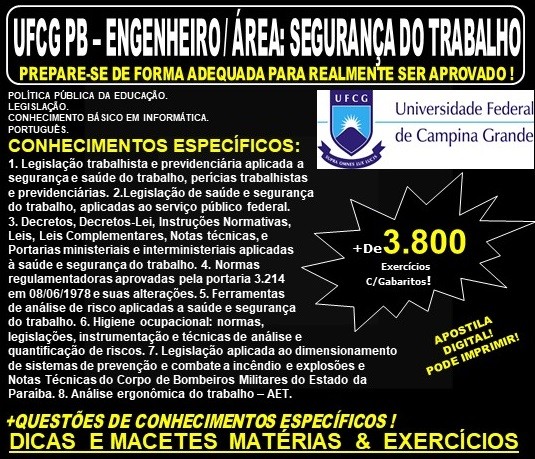 Apostila UFCG PB - ENGENHEIRO / Área: SEGURANÇA do TRABALHO - Teoria + 3.800 Exercícios - Concurso 2019