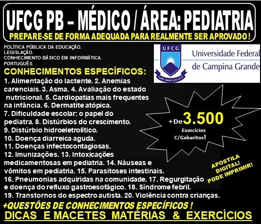 Apostila UFCG PB - MÉDICO / Área: PEDIATRIA - Teoria + 3.500 Exercícios - Concurso 2019