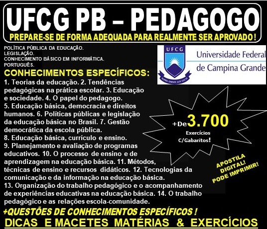 Apostila UFCG PB - PEDAGOGO - Teoria + 3.700 Exercícios - Concurso 2019