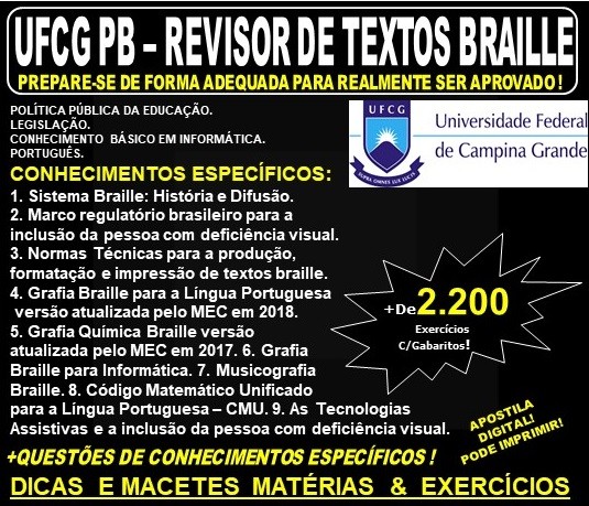 Apostila UFCG PB - REVISOR de TEXTOS BRAILLE - Teoria + 2.200 Exercícios - Concurso 2019