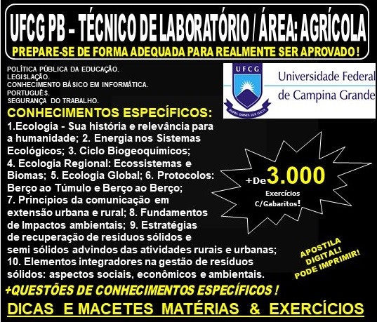 Apostila UFCG PB - TÉCNICO de LABORATÓRIO / Área: AGRÍCOLA - Teoria + 3.000 Exercícios - Concurso 2019