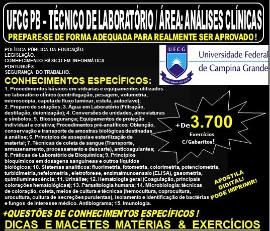 Apostila UFCG PB - TÉCNICO de LABORATÓRIO / Área: ANÁLISES CLÍNICAS - Teoria + 3.700 Exercícios - Concurso 2019