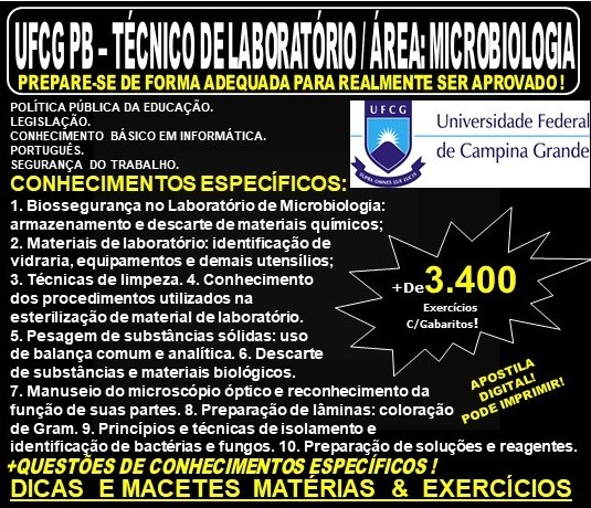 Apostila UFCG PB - TÉCNICO de LABORATÓRIO / Área: MICROBIOLOGIA - Teoria + 3.400 Exercícios - Concurso 2019