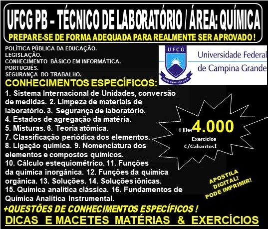 Apostila UFCG PB - TÉCNICO de LABORATÓRIO / Área: QUÍMICA - Teoria + 4.000 Exercícios - Concurso 2019