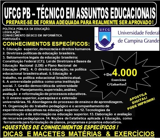 Apostila UFCG PB - TÉCNICO em ASSUNTOS EDUCACIONAIS - Teoria + 4.000 Exercícios - Concurso 2019