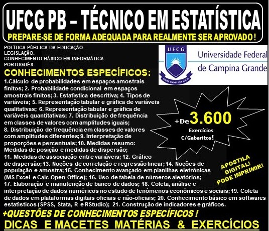 Apostila UFCG PB - TÉCNICO em ESTATÍSTICA - Teoria + 3.600 Exercícios - Concurso 2019
