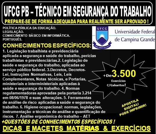 Apostila UFCG PB - TÉCNICO em SEGURANÇA do TRABALHO - Teoria + 3.500 Exercícios - Concurso 2019