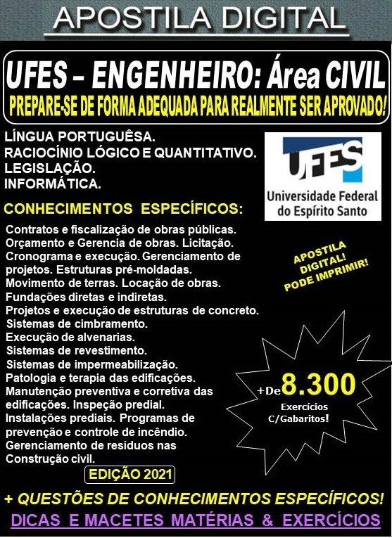 Apostila UFES - ENGENHEIRO:  Área CIVIL - Teoria +  8.300 Exercícios - Concurso 2021