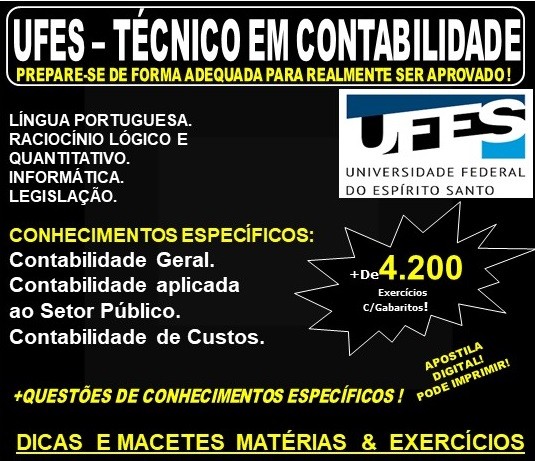  Apostila UFES - TÉCNICO em CONTABILIDADE - Teoria + 4.200 Exercícios - Concurso 2019