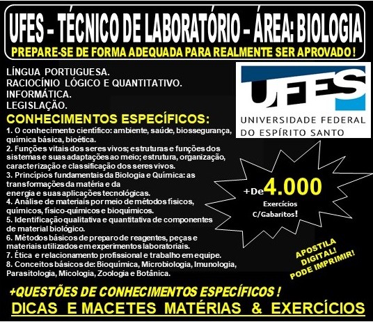 Apostila UFES - TÉCNICO de LABORATÓRIO - Área: BIOLOGIA - Teoria + 4.000 Exercícios - Concurso 2019