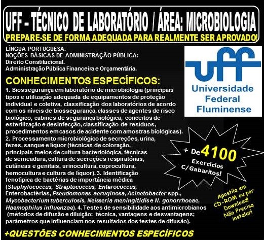 Apostila UFF - TÉCNICO de LABORATÓRIO / Área: MICROBIOLOGIA - Teoria + 4.100 Exercícios - Concurso 2021