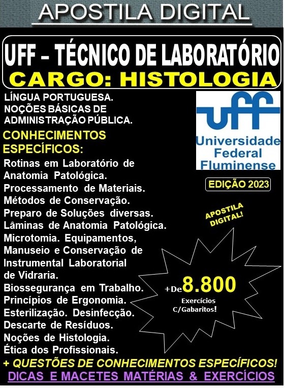 Apostila UFF - TÉCNICO de LABORATÓRIO / Área: HISTOLOGIA - Teoria + 8.800 Exercícios - Concurso 2023