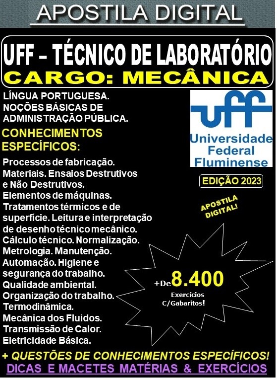 Apostila UFF - TÉCNICO de LABORATÓRIO / Área: MECÂNICA - Teoria + 8.400 Exercícios - Concurso 2023