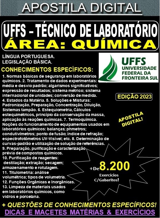 Apostila UFFS - TÉCNICO de LABORATÓRIO - Área: QUÍMICA - Teoria + 8.200 Exercícios - Concurso 2023