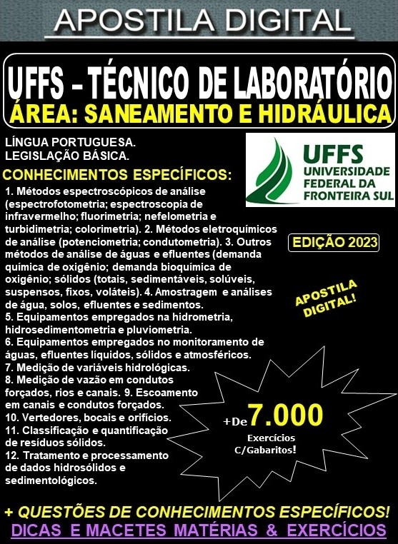 Apostila UFFS - TÉCNICO de LABORATÓRIO - Área: SANEAMENTO e HIDRÁULICA - Teoria + 7.000 Exercícios - Concurso 2023