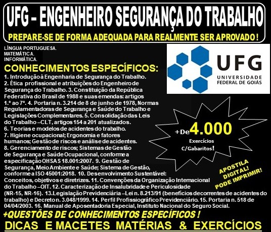 Apostila UFG - ENGENHEIRO SEGURANÇA do TRABALHO - Teoria + 4.000 Exercícios - Concurso 2019