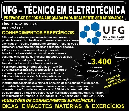Apostila UFG - TÉCNICO em ELETROTÉCNICA - Teoria + 3.400 Exercícios - Concurso 2019