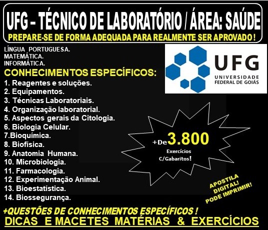 Apostila UFG - TÉCNICO de LABORATÓRIO / Área: SAÚDE - Teoria + 3.800 Exercícios - Concurso 2019