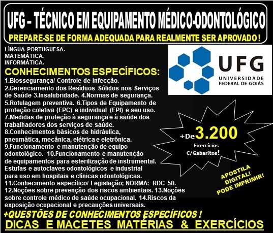 Apostila UFG - TÉCNICO em EQUIPAMENTO MÉDICO-ODONTOLÓGICO - Teoria + 3.200 Exercícios - Concurso 2019