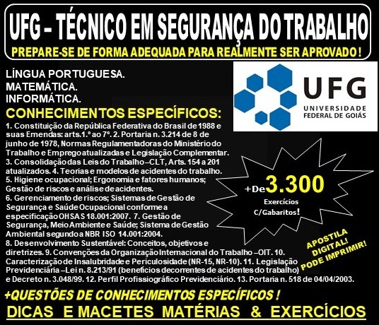 Apostila UFG - TÉCNICO EM SEGURANÇA DO TRABALHO - Teoria + 3.300 Exercícios - Concurso 2019