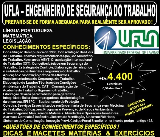 Apostila UFLA - ENGENHEIRO SEGURANÇA do TRABALHO - Teoria + 4.400 Exercícios - Concurso 2019