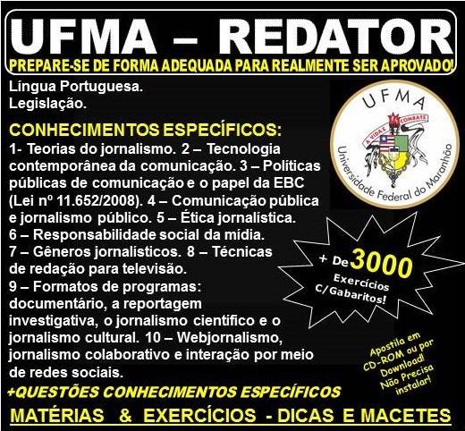 Apostila UFMA - REDATOR - Teoria + 3.000 Exercícios - Concurso 2019