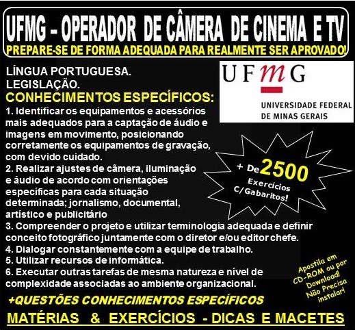 Apostila UFMG - OPERADOR de CÂMERA de CINEMA E TV - Teoria + 2.500 Exercícios - Concurso 2018