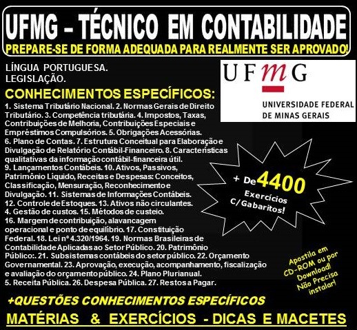 Apostila UFMG - TÉCNICO em CONTABILIDADE - Teoria + 4.400 Exercícios - Concurso 2018