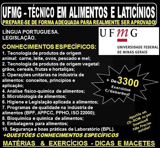 Apostila UFMG - TÉCNICO em ALIMENTOS e LATICÍNIOS - Teoria + 3.300 Exercícios - Concurso 2018