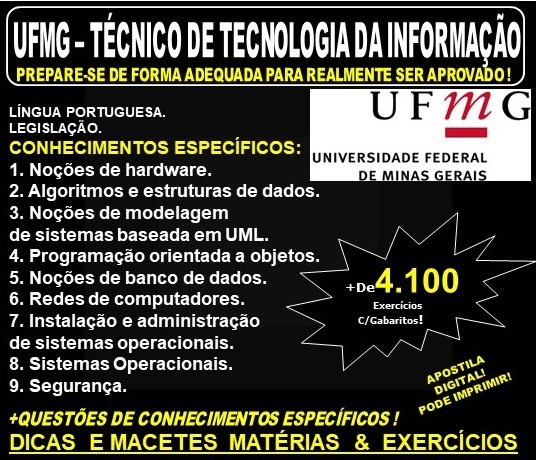 Apostila UFMG - TÉCNICO de TECNOLOGIA da INFORMAÇÃO - Teoria + 4.100 Exercícios - Concurso 2019