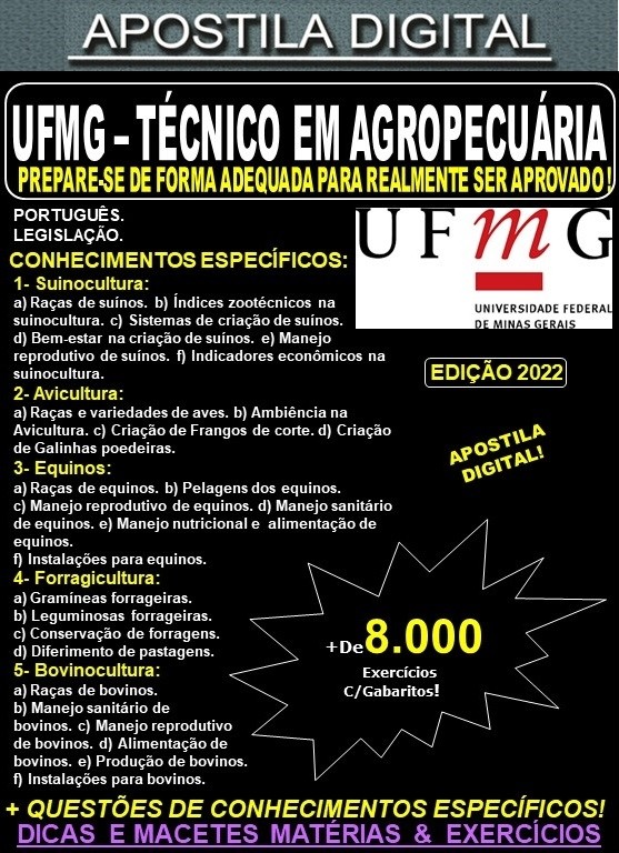 Apostila UFMG - TÉCNICO em AGROPECUÁRIA - Teoria + 8.000 Exercícios - Concurso 2022