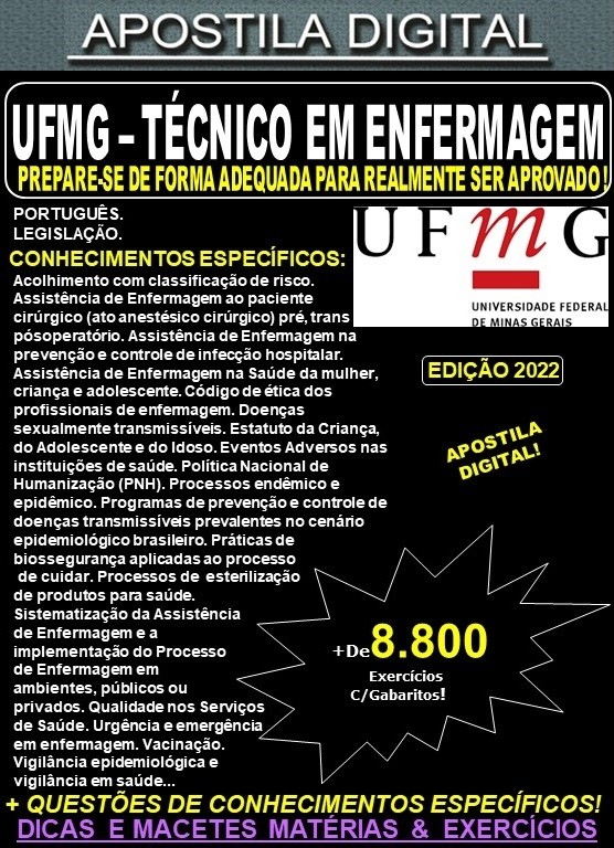 Apostila UFMG - TÉCNICO em ENFERMAGEM - Teoria + 8.800 Exercícios - Concurso 2022