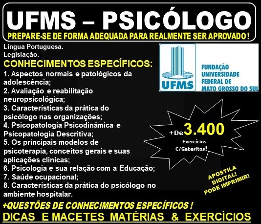 Apostila UFMS - PSICÓLOGO - Teoria + 3.400 Exercícios - Concurso 2019