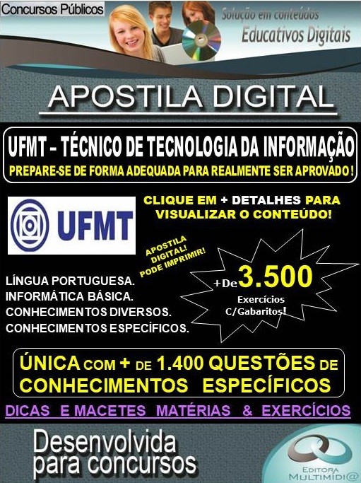 Apostila UFMT - TÉCNICO DE TECNOLOGIA DA INFORMAÇÃO  - Teoria + 3.500 exercícios - Concurso 2020